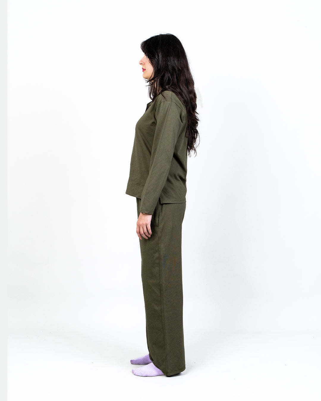COLLAR-NECK LOUNGWEAR CO-ORD SET ( OLIVE NIGHT )