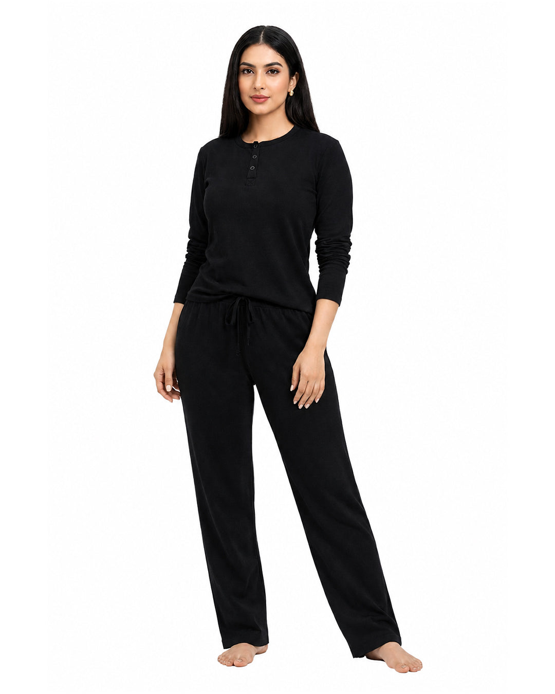 BUTTON DOWN LOUNGWEAR CO-ORD SET ( BLACK )