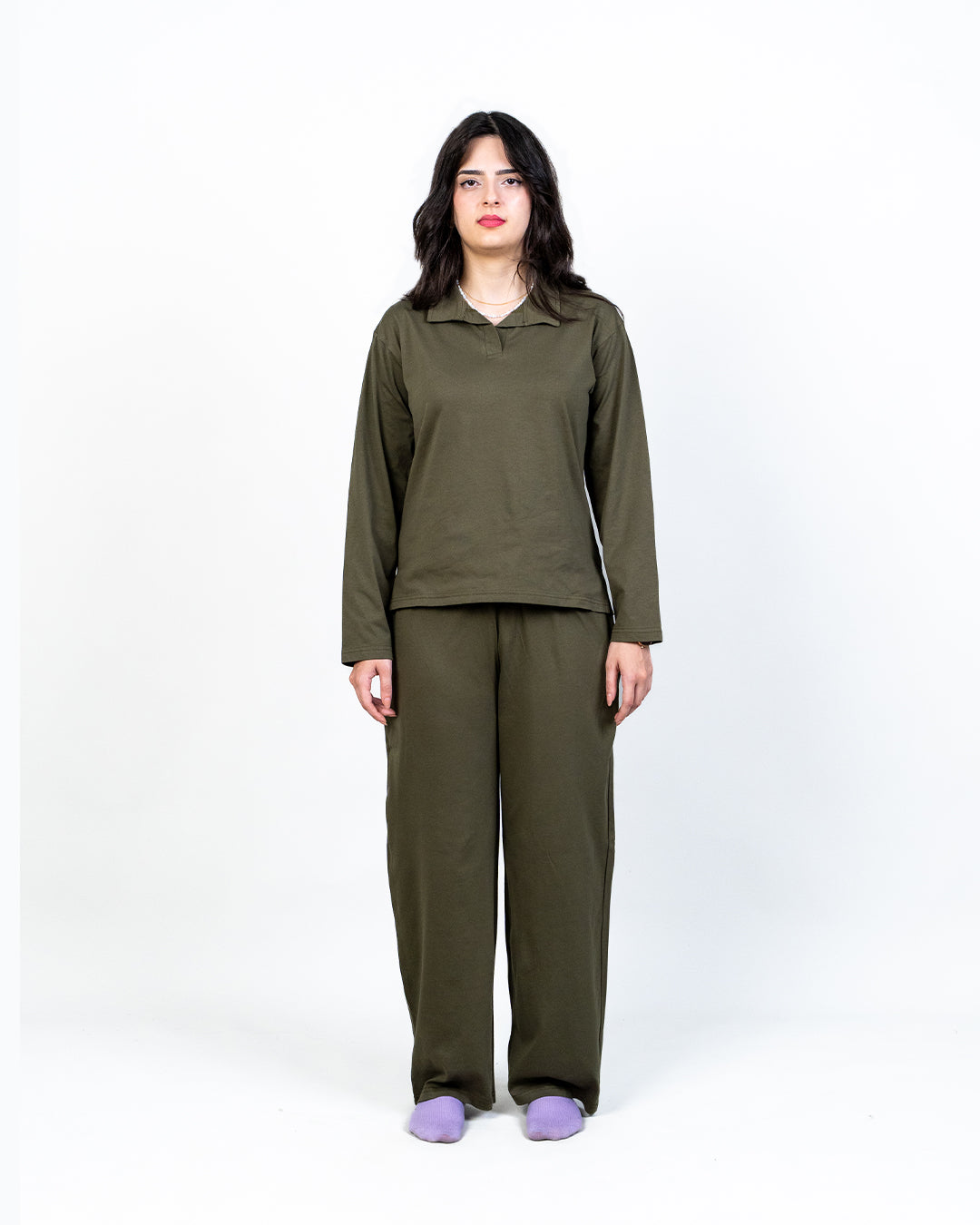 COLLAR-NECK LOUNGWEAR CO-ORD SET ( OLIVE NIGHT )