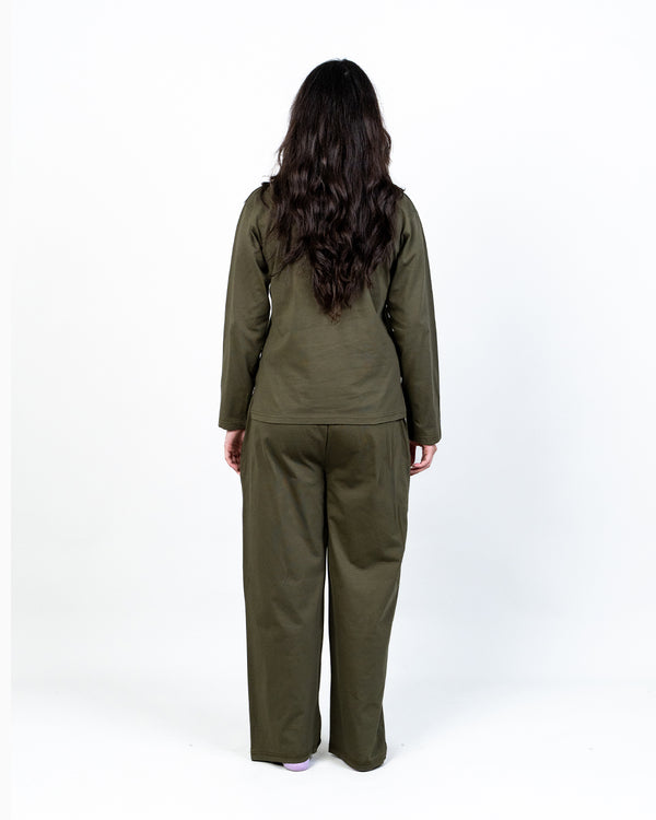 COLLAR-NECK LOUNGWEAR CO-ORD SET ( OLIVE NIGHT )