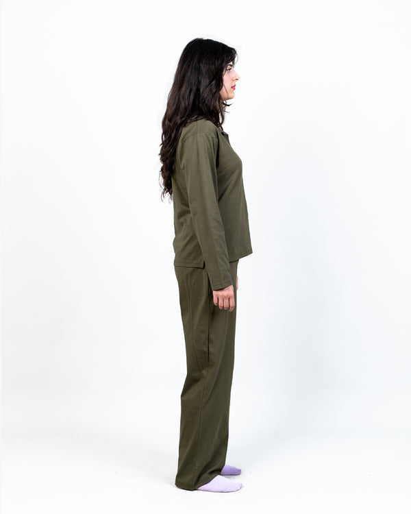 COLLAR-NECK LOUNGWEAR CO-ORD SET ( OLIVE NIGHT )