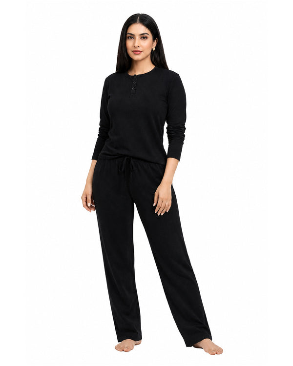 BUTTON DOWN LOUNGWEAR CO-ORD SET (  BLACK )