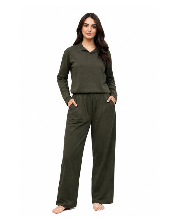 COLLAR-NECK LOUNGWEAR CO-ORD SET ( OLIVE NIGHT )