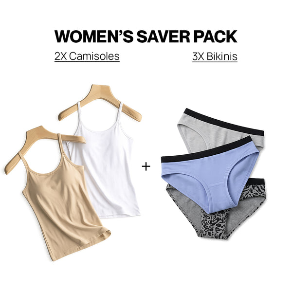 WOMEN’S 5-PIECE INTIMATES SAVER BUNDLE: 2 CAMISOLE + 3 BIKINI BRIEFS